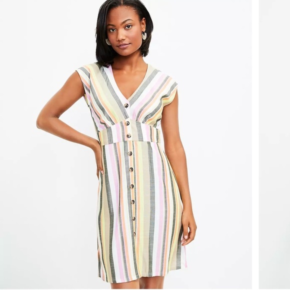 LOFT Striped Button Flare Spring Dress Women’s SIZE 0 Petite Cap Slv New - Picture 2 of 6